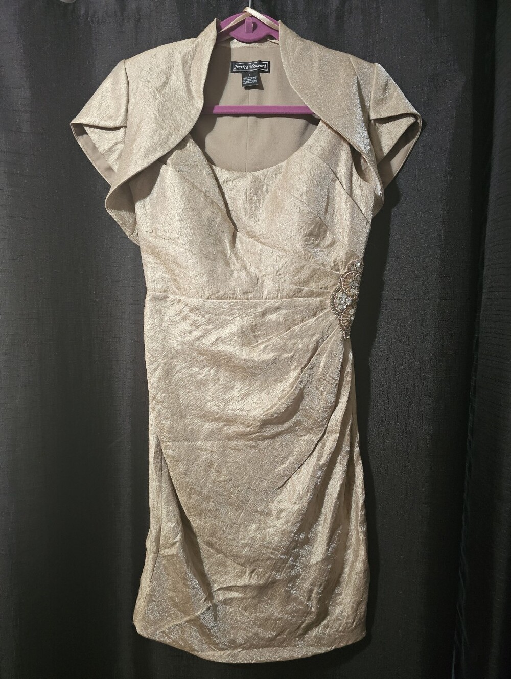 Jessica Howard Metallic Champagne Midi Dress with Bolero